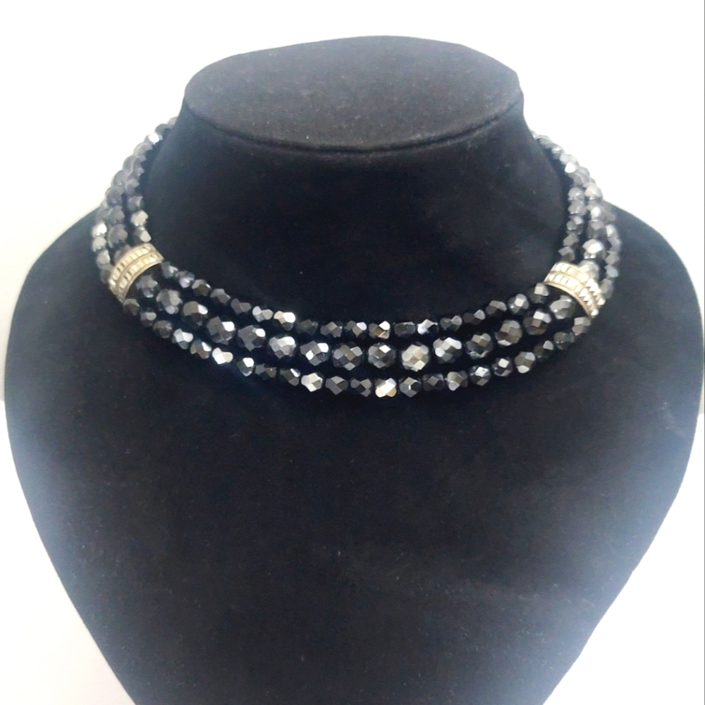 Vintage CAROLEE Multistrand Faceted Black Cyrstal Bead Sterling Silver Necklace